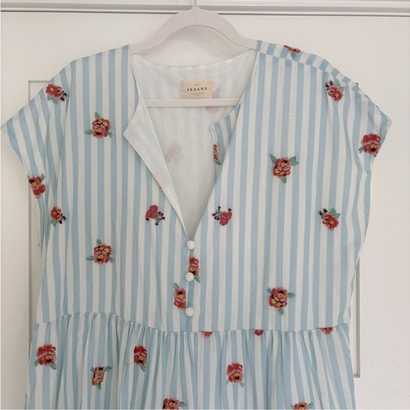 Sezane Saphir Dress in Embroidered Flowers on Blue Stripes Size 42 - Picture 8 of 11